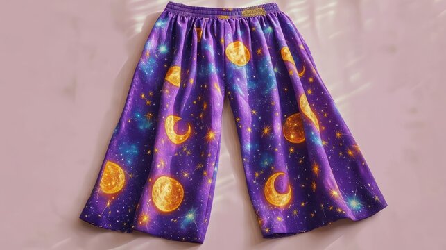 purple wide-leg lounge pants with elastic gathered waistband, yellow crescent moons, glowing planet motifs and starry galaxy print on pink background, whimsical dreamy vibe