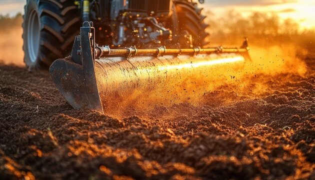 Close-up of tractor plow turning soil at golden hour with dust flying and warm productive sunset light