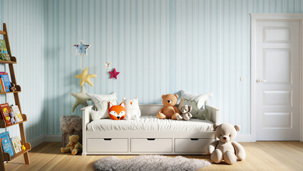 Modern childrens bedroom interior with soft blue striped wallpaper interior children wallpaper © Sadiya Digital