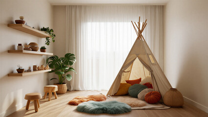 Cozy boho nursery with teepee and potted plants interior playroom children lifestyle textiles © Sadiya Digital