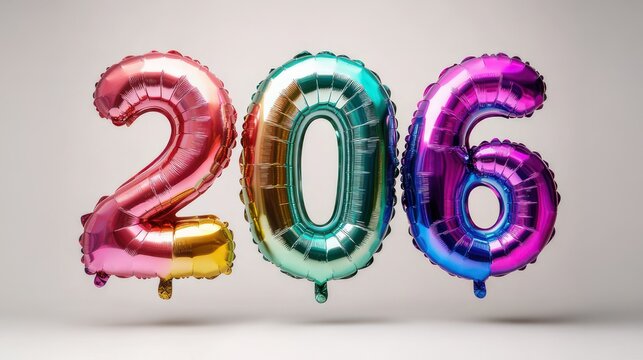colorful metallic foil balloons shaped as the numbers 206 against a neutral background, festive and playful mood