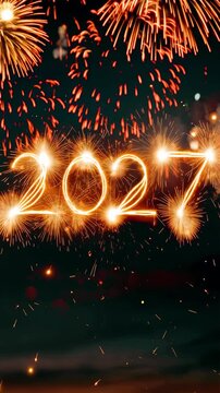 Glowing 2027 sparkler numbers on a black background, festive New Year celebration concept with bright fireworks and copy space