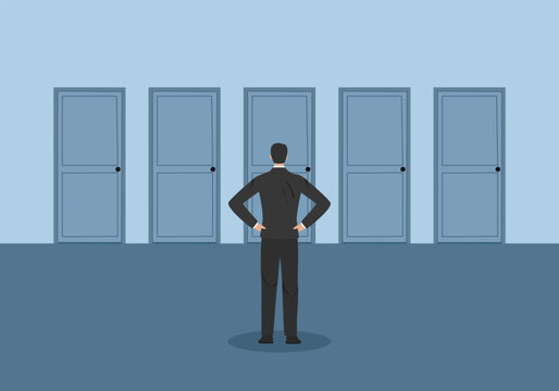 Business choice or decision concept, businessman standing front many doors of the choice, the path and opportunity to be success