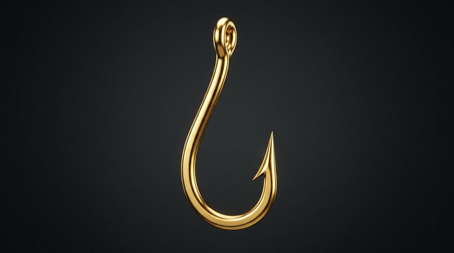 Shiny gold fishing hook isolated on black background.