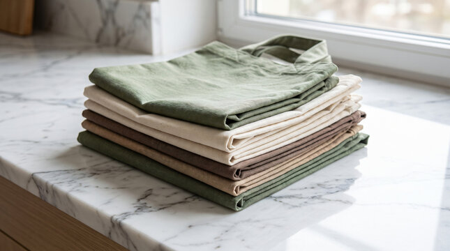 Neatly folded stack of cotton fabric cloths in earthy tones on white marble surface