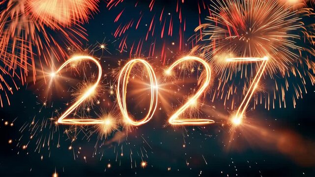 Glowing 2027 sparkler numbers on a black background, festive New Year celebration concept with bright fireworks and copy space