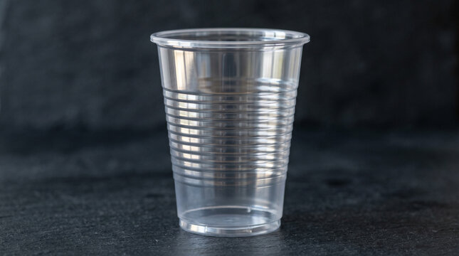 Single clear plastic disposable cup on dark textured surface.