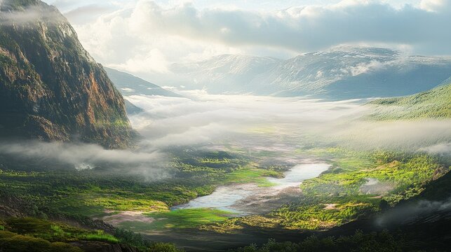 Peaceful summer morning on a highland plateau with fresh vegetation and a winding river shrouded in mist