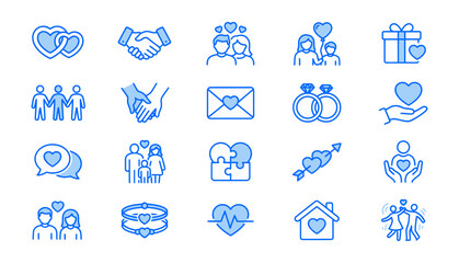 Fototapeta premium Collection of blue line representing love, romance, family, relationships, and wedding symbols on a white background, set