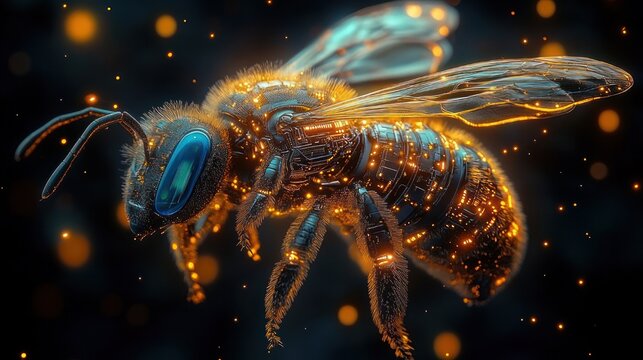 glowing biomechanical bee with blue compound eyes and metallic wings, intricate circuitry and warm golden lights hovering in dark space with a sense of awe and wonder