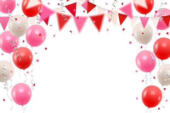 Vector colorful pink, red and white party balloons, heart shaped confetti and streamers decorative border or frame, valentine's day, mother's day, girly birthday theme