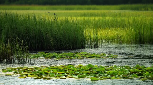 Peaceful summer wetland scene with shallow swamp water covered with lily pads and tall green reeds