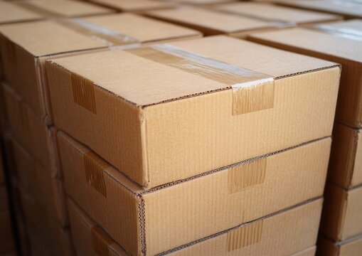 Neatly stacked sealed cardboard shipping boxes with tape in a storage area conveying order and efficiency