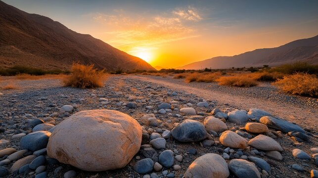 Peaceful sunset across a rocky desert valley with warm golden light illuminating the landscape and mountains