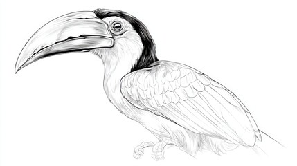 Naklejka premium Detailed Black and White Sketch of a Toucan Bird in Profile View