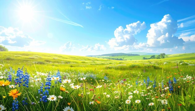 A vibrant, sunny meadow filled with colorful wildflowers, green grass, and fluffy white clouds, under a bright blue sky