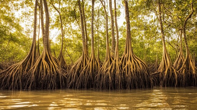 Peaceful tropical mangrove forest at sunrise with exposed stilt roots and golden light filtering through the canopy