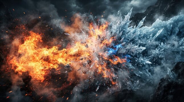 Fiery explosion meets icy formation in dramatic clash
