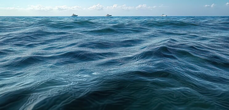 tranquil open ocean with rolling blue waves, rippled water surface and distant small boats on the horizon under a clear sky with a few clouds