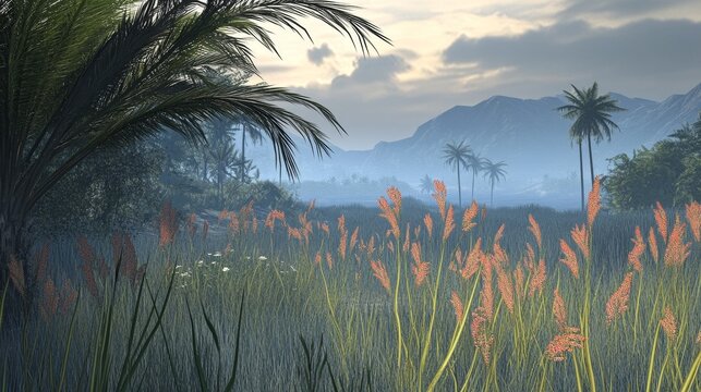 Peaceful tropical meadow during summer with tall grass and distant misty mountains under a cloudy sky