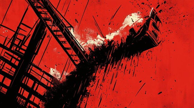 black industrial scaffolding and tilted wreck plunging across a blood-red background with white splattered paint conveying chaos and violent destruction