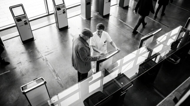 Elderly Man Receives Assistance From Attendant At Digital Kiosk Station