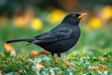 Fototapeta premium curious blackbird with bright orange beak and legs standing on dewy grass amid scattered leaves and soft yellow floral bokeh