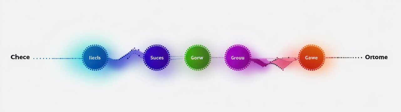 Horizontal minimalist infographic with six colorful glowing circular nodes connected by wavy and dotted line on white background, small black labels at ends, playful optimistic mood