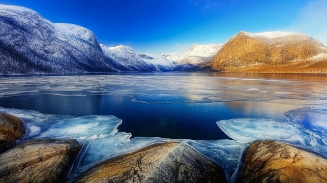 Peaceful winter fjord surrounded by snow-covered mountains and icy water reflecting the bright blue sky