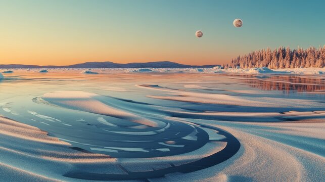 Peaceful winter ice field glowing under soft morning light with distant mountains and trees