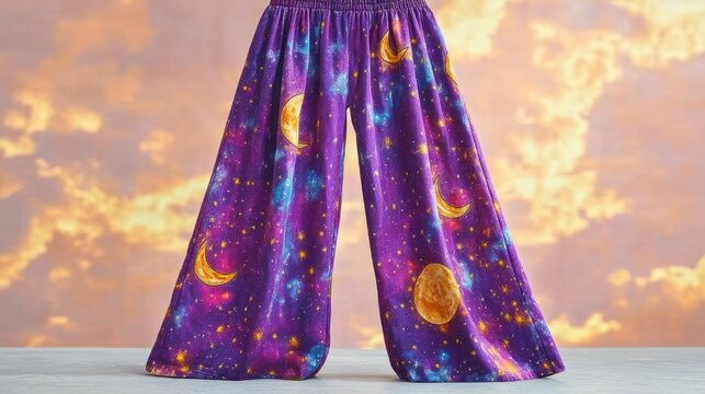 flowing wide-leg purple galaxy-print pants with golden moons and stars against glowing sunset clouds, whimsical dreamy mood