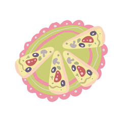Fototapeta premium Hand-drawn Italian food illustration with pizza, fish and tomatoes on checkered tablecloth, trendy neon pastel style, modern graphic 