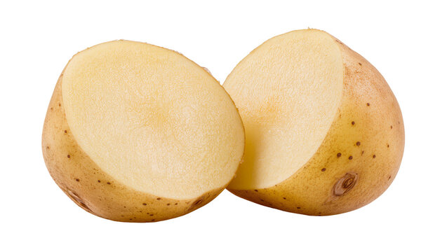 Isolated two halves of fresh raw organic potato showing healthy starchy interior ready for cooking