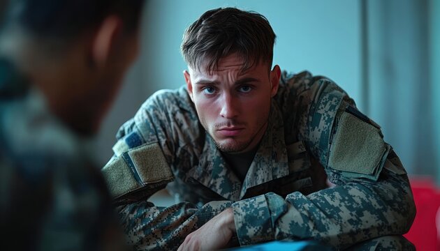 soldier in digital camouflage uniform leaning on a table indoors looking exhausted and contemplative with a blurred comrade in the foreground