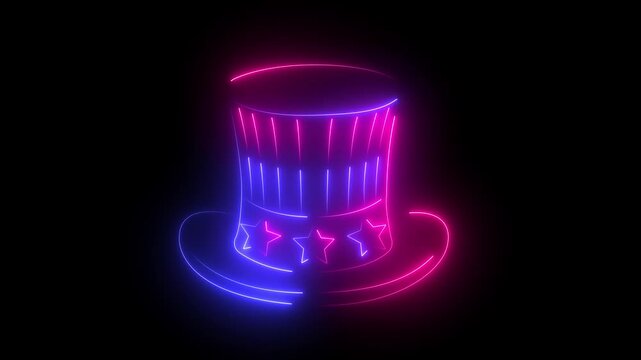 Glowing Neon Uncle Sam Top Hat Outline Animation in Colorful Lighting Loop Background