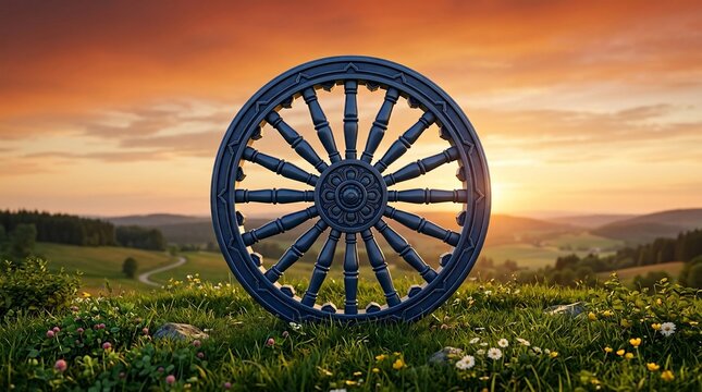 Dharmachakra wheel of dharma in a peaceful meadow at sunset