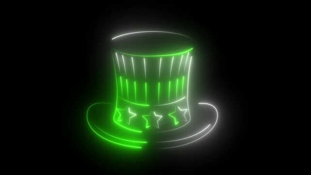 Glowing Neon Uncle Sam Top Hat Outline Animation in Colorful Lighting Loop Background