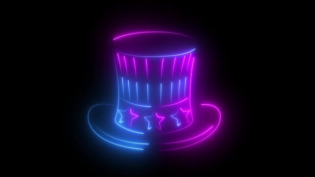 Glowing Neon Uncle Sam Top Hat Outline Animation in Colorful Lighting Loop Background