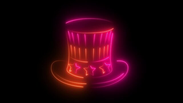 Glowing Neon Uncle Sam Top Hat Outline Animation in Colorful Lighting Loop Background