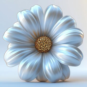 single glossy metallic white-blue daisy-like flower with golden beaded center on neutral background, elegant serene mood