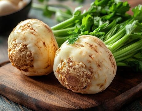 Two earthy celeriac roots with leafy green stalks on a rustic wooden cutting board, evoking fresh harvest and home cooking