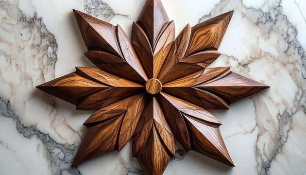 Hand-carved eight-pointed wooden star ornament with layered leaf-like petals and warm polished finish resting on a marble surface, elegant artisanal centerpiece
