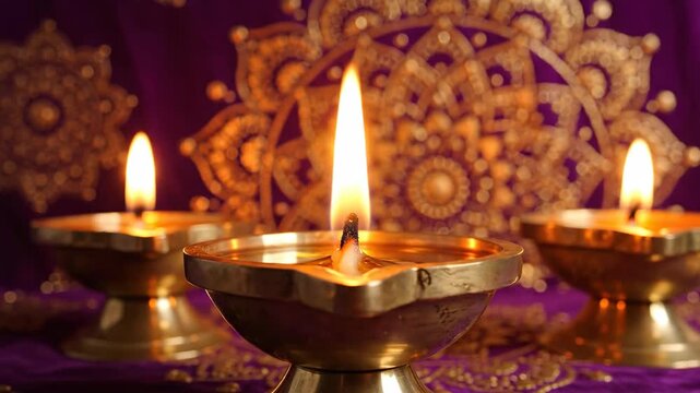 Lit brass diya lamps on purple patterned background