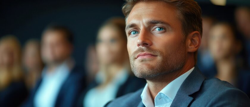 blurred audience of business professionals in suits seated in an auditorium, attentive and serious atmosphere