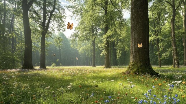 Peaceful woodland clearing in spring with colorful flowers and butterflies fluttering among trees