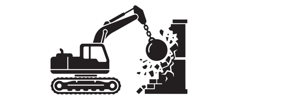 Wrecking ball demolition excavator icon with excavator, demolition