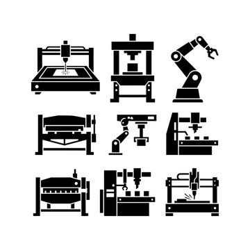 Industrial machinery and robotic arm icon set for factory automation on white background