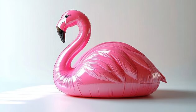 glossy pink inflatable flamingo pool float on clean white surface with soft lighting, playful and cheerful studio composition