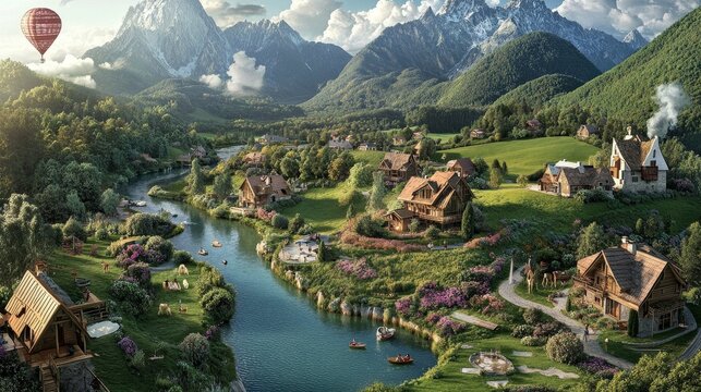 Picturesque summer mountain village nestled between high peaks with a river and hot air balloon