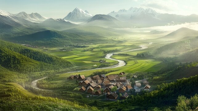 Picturesque summer mountain village nestled between high peaks with a winding river flowing through green valleys